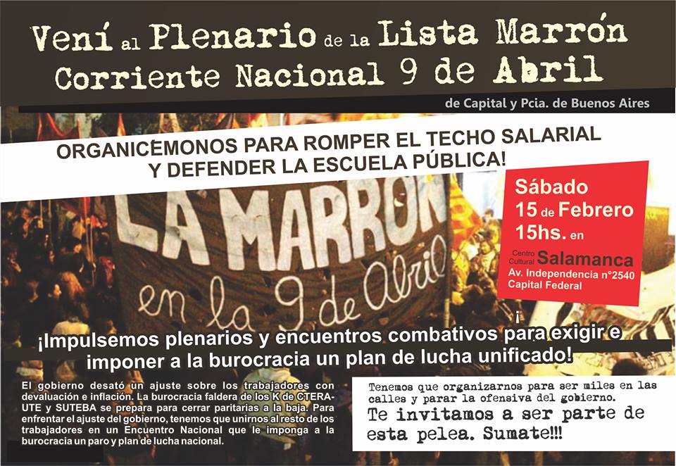 15/2: Vení al Plenario de la Lista Marrón - Corriente Nacional 9 de Abril de Capital y Pcia. de Buenos Aires