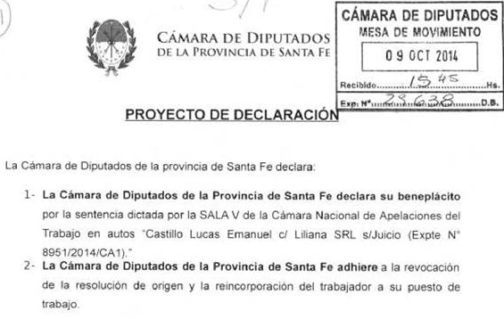 Cámara de Diputados de Santa Fe pide la reinstalación de Lucas Castillo a Liliana SRL.