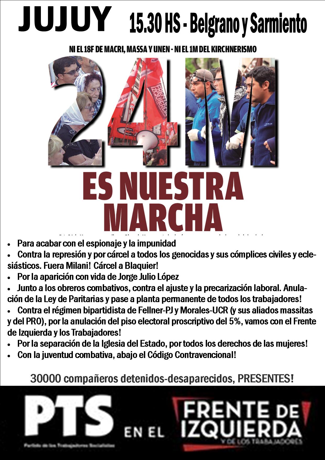 El PTS-Frente de Izquierda marcha hoy 24 en Jujuy por Cárcel a Blaquier y Fuera Milani