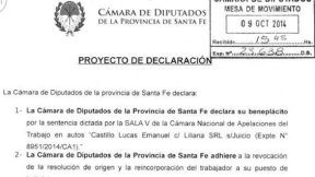 Cámara de Diputados de Santa Fe pide la reinstalación de Lucas Castillo a Liliana SRL.